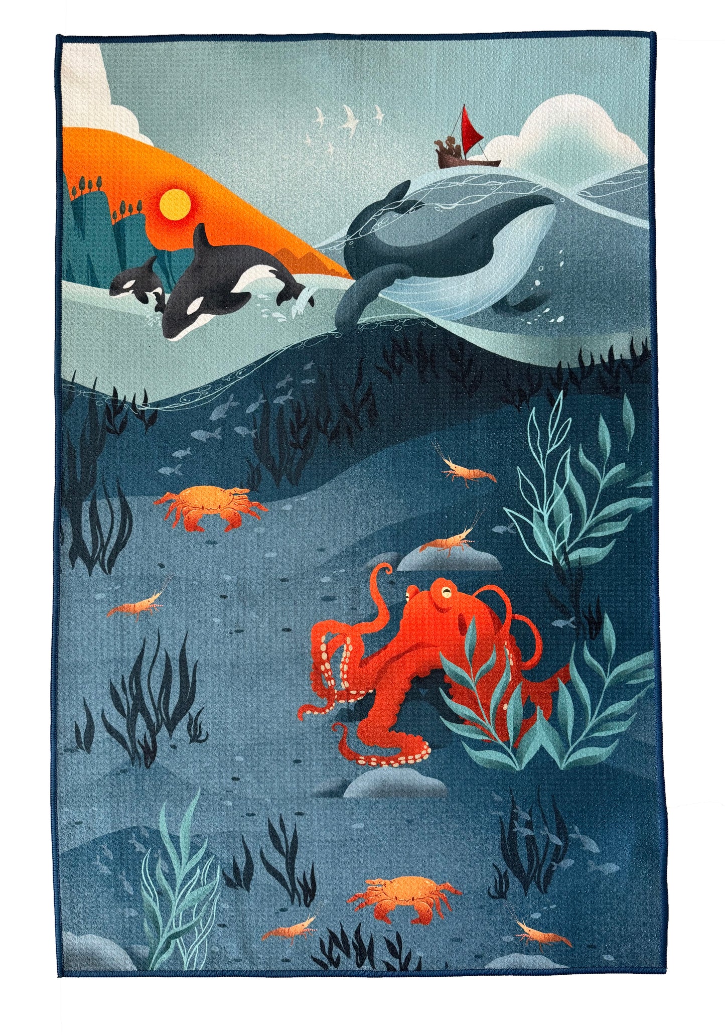 Light weight, quick-drying, and absorbent kitchen or bath towel. Size: 18” x 30”. Microfiber waffle weave. Compact. Quick-drying. Double sided print. Made from post-consumer recycled materials.